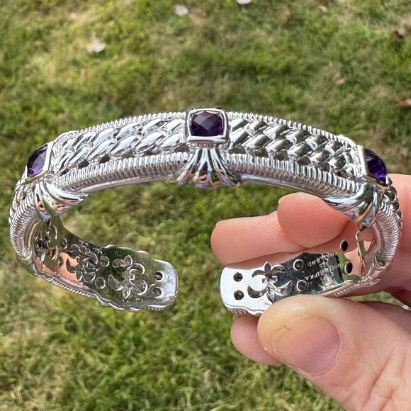 Vintage Judith Ripka Sterling Silver Amethyst Hinged Cuff Bracelet Rope Textured - Picture 17 of 17